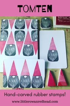 hand - carved rubber stamps with pink and black designs