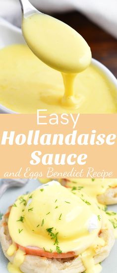 an easy hollandaise sauce is being drizzled over the top of a sandwich