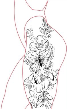 a woman's back with flowers and butterflies on her stomach, as well as the outline