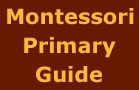 the montessori primary primary guide is shown in brown and yellow colors, with an orange background