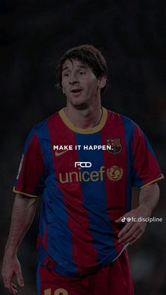 a man in a red and blue soccer uniform with the words make it happen on his face