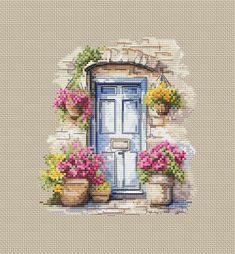 a cross stitch pattern with flowers and potted plants in front of a blue door