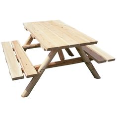 a wooden picnic table with two benches