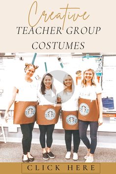 three girls wearing costumes with the words creative teacher's group costumes written on them