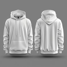 the front and back view of a white hoodie mockup on a gray background