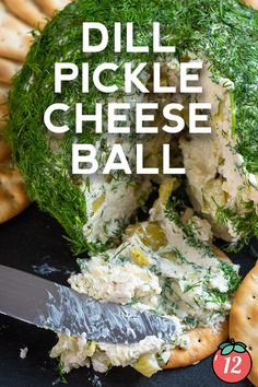 dill pickle cheese ball on a plate with crackers