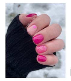 Gelish Pink Colors, February Sns Nail Colors, Gel Nails Valentines Day Simple, V Day Short Nails, February Pedicure Colors, Cute Dip Powder Nails Valentines Day, Short Valentines Nails Simple, Red Nails With Pink Accent Nail, Super Short Valentines Day Nails