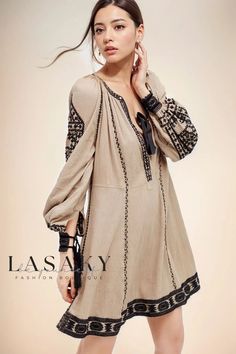 Lasaky - Embroidered Long Sleeve Boho-Style Mini Dress Long Sleeve Beige Dress With Embroidered Hem, Beige Long Sleeve Dress With Embroidered Hem, Embroidered Beige Fall Dresses, Fall Embroidered Beige Dress, Fall Long Sleeve Dresses With Geometric Embroidery, Beige Embroidered Long Sleeve Dress, Long Sleeve Embroidered Beige Dress, Beige Long Sleeve Dress With Intricate Embroidery, Long Sleeve Summer Dress With Tonal Embroidery