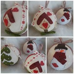 four different pictures of ornaments with snowmen on them