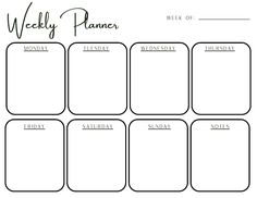 the weekly planner is shown in black and white, with an empty space for notes