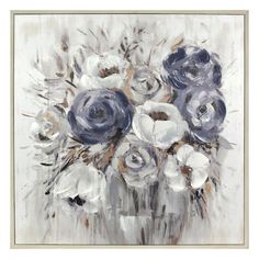 an oil painting of white and blue flowers in a vase on a gray background,