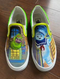 Custom Handpainted Upcycled Van slip-ons. Ghostbusters themed. Acrylic paint with glow in the dark features. Men's size 8. Women's size 9.5. Unisex shoe. Painted Canvas Shoes Invader Zim, Custom Harry Potter Vans Slip On, Hand Painted Slip-on Casual Sneakers, Monster Truck Painted Shoes, Artistic Hand-painted Slip-on Sneakers, Sneaker Art, Vans Slip On