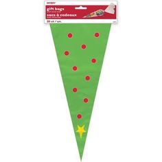 a green pennant with red and yellow dots on the bottom, in front of a white background