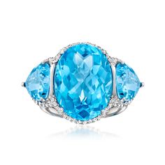 Ross-Simons - 16.00ct t. w. Swiss Blue Topaz Ring, .35ct t. w. Diamonds. Size 5. Perfect for true gemstone lovers, this head-turning ring features incredibly unique color and an impressive design! 16.00 ct. t. w. triangular and oval Swiss blue topaz gems sweep across the finger, flashing their stunning steel-blue hue, and are trailed by .35 ct. t. w. round brilliant-cut diamonds along the edges for a dazzling finish. Finely crafted in polished 14kt white gold. 5/8" wide. Diamond and Swiss blue t Swiss Blue Topaz Ring, Topaz Birthstone, Blue T, Swiss Blue Topaz, Blue Topaz Ring, Gem Stone, Topaz Ring, Steel Blue, Round Brilliant Cut Diamond