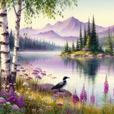 a painting of a bird sitting on a rock in front of a lake and mountains