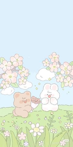 two teddy bears are sitting in the grass with flowers on them and one bear is holding something