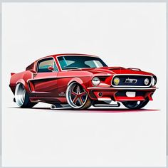 a painting of a red muscle car on a white background, with the hood down