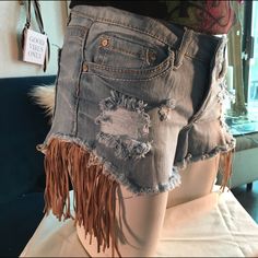 Trendy And Fun And Nwot. Excellent Condition Trendy Summer Jeans With Fringe, Trendy Fringe Jeans For Summer, Trendy Fringed Summer Jeans, Distressed Bottoms For Spring Festival, Distressed Cutoff Bottoms For Festival, Distressed Festival Shorts, Trendy Ripped Bottoms For Festival, Festival Distressed Short Bottoms, Trendy Distressed Beach Bottoms