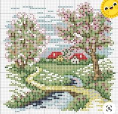 a cross stitch pattern with trees and houses in the background, on a white background