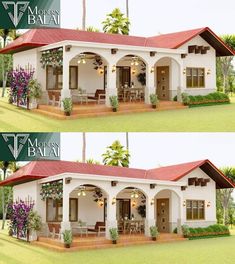 two pictures of the front and side of a house with porches, covered in red tile