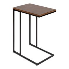 a small wooden table with metal legs