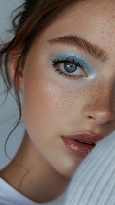 29 Blue Eyeshadow Aesthetic Makeup Looks To Make Your Natural Eye Color Pop Blue Eye Blonde Hair Makeup, Pretty Green Eyeshadow Looks, Blue Eyeshadow Wedding Makeup, Ethereal Makeup Blue, Blue Summer Makeup, Light Blue Smokey Eye, White And Blue Makeup Looks, Blue Eyeshadow Green Eyes, Blue Ethereal Makeup