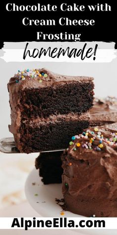 chocolate cake with cream cheese frosting and sprinkles on a white plate