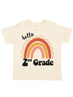 Hello Second Grade Boho Rainbow Natural Kids Shirt Fun Cotton T-shirt For Playdate, Playful Rainbow T-shirt For Summer, Cute Fall T-shirt For Playtime, Cotton Tops For Playtime And Back To School, Cute Rainbow T-shirt For Spring, Multicolor Summer T-shirt For School Spirit, Multicolor School Spirit T-shirt For Summer, Fun Summer T-shirt For Daycare, Cute Everyday Tops