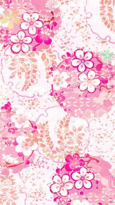 a pink and white flowered background with lots of flowers on the bottom half of it