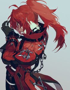 an anime character with red hair and chains on her chest, wearing a red outfit