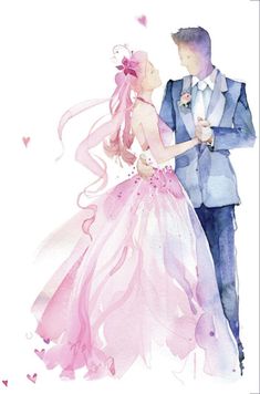 a watercolor painting of a man and woman dressed in formal wear, standing next to each other