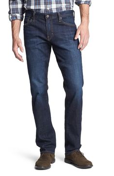 Free shipping and returns on AG Graduate Slim Straight Leg Jeans at Nordstrom.com. Vintage details and a clean, tailored silhouette define classic jeans crafted from rich, dark Italian denim. Graduate jeans fit like the Protégé on top and the Matchbox from knee to ankle, pairing a relaxed waist with a slim tailored leg. Denim Shorts Outfit, Check Dress Shirt, Vintage Details, Jean Crafts, Mens Fashion Classic, Ag Jeans, Classic Jeans, Business Attire, Mens Big And Tall