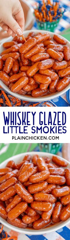 two plates filled with glazed carrots on top of a blue and white table cloth