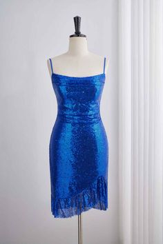 Blue Sequin Spaghetti Strap Dress For Homecoming, Blue Sequin Dress With Spaghetti Straps For Homecoming, Royal Blue Mermaid Hem Dress For Party, Fitted Sequin Dress With Ruffles For Night Out, School Formal Dresses, Blue Silhouette, School Formal, Billie Eillish, Ruched Top