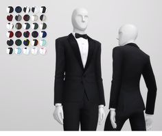 two mannequins dressed in tuxedos and suits with different colored buttons