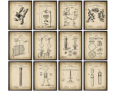 nine blueprinted drawings of microscopes and beakets from the early 1900's