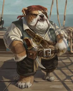 a painting of a bulldog dressed as a pirate on a ship with his hands in his pockets