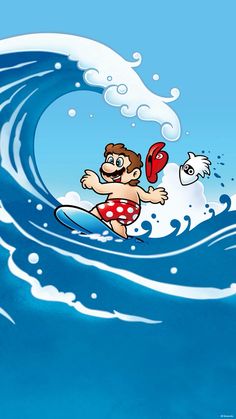 a cartoon man riding a surfboard on top of a wave in the ocean with a life preserver