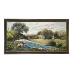 an oil painting on canvas of a farm scene with sheep and blue flowers in the foreground