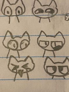 several drawings of cats drawn on lined paper