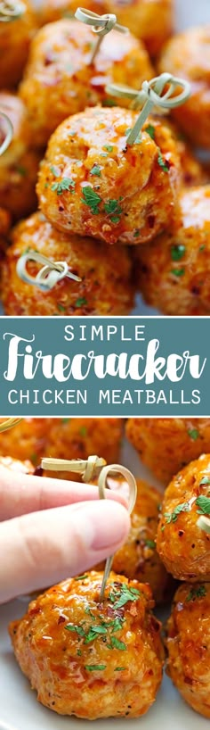 simple firecroker chicken meatballs on a white plate with the title above it