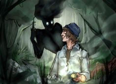 a man standing in the middle of a forest next to a giant black creature with eyes wide open