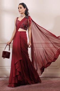 Shop for Isha Gupta Tayal Red Silk Pre-draped Saree With Blouse for Women Online at Aza Fashions Isha Gupta, Saree Gowns, Drape Sarees, Fancy Sarees Party Wear, Draping Fashion, Saree Gown, Saree Designs Party Wear, Drape Saree, Indian Dresses Traditional