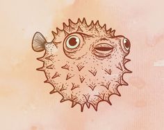 a drawing of a puffer fish with big eyes