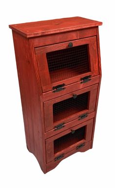 a red wooden cabinet with two drawers and one drawer on the bottom, in front of a white background