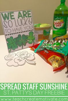 the ingredients for st patrick's day are displayed on a table with a sign