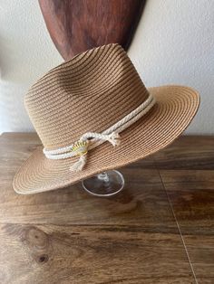 Tan fedora with rope trim and a gold crown embellishment. Rhinestone Face Mask, Black Trucker Hat, Cocoa Beach, Cowgirl Hats, Gold Crown, Fedora, Cowboy Hats, Caps Hats, Cocoa