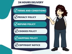 a woman standing next to a sign that says 24 hours delivery items and conditions privacy policy