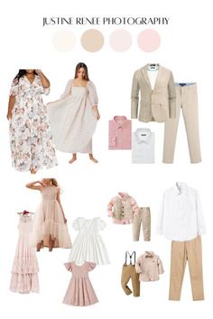 a collage of women's clothing and accessories in pink, white, beige and brown