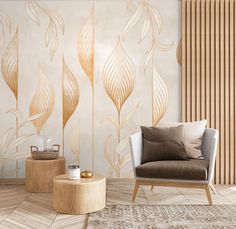 a chair and table in front of a wall with gold leaf designs on the walls